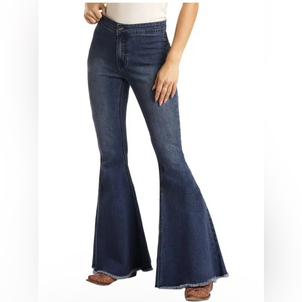 Rock & Roll Cowgirl Blue Bargain Button Bell Bottoms Flare Denim Jeans 25X34